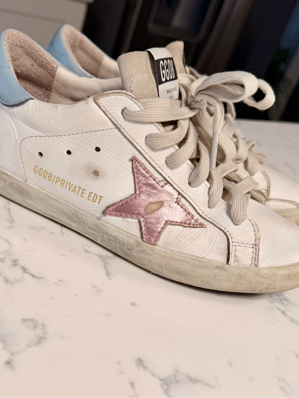 Golden Goose White Leather Sneakers with Pink Star and Light Blue Heel
